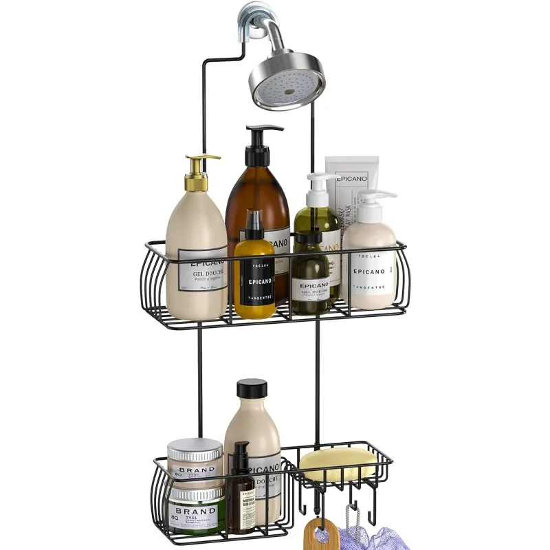 Anti-Swing Over Head Shower Caddy Rustproof with hooks for Towels, Sponge and more, Matte Black