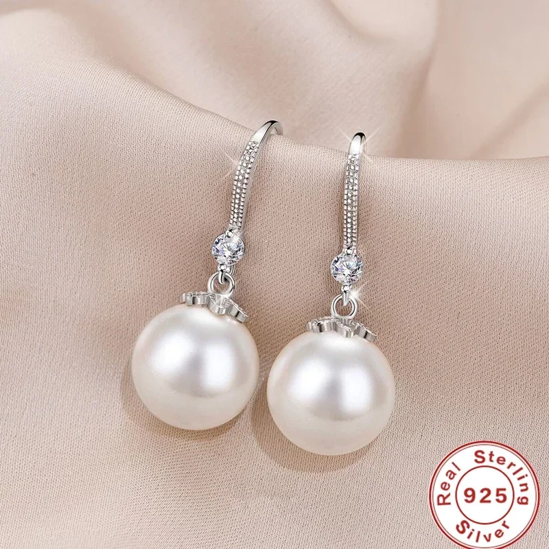 925 Sterling Silver Long Pearl CZ Dangle Earrings For Women Engagement Wedding Graceful Accessories Fashion Earring Gift