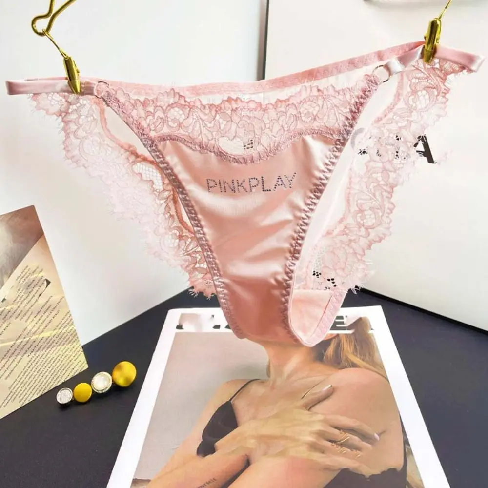 Crystal Letter Satin Silk Panties Mid Waist Underwear Rhinestone Lace Briefs Cotton Crotch Thin Belt Underpants for Women Daily