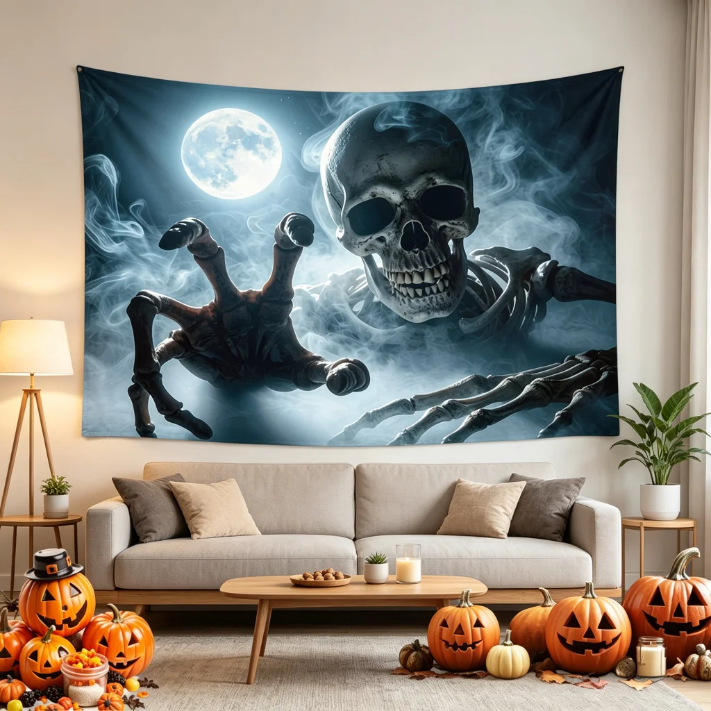 1PC Full Moon Skeleton Reaching Hand Horror Print Backdrop Banner, Bedroom Living Room Kitchen Photo Background, Wall Art