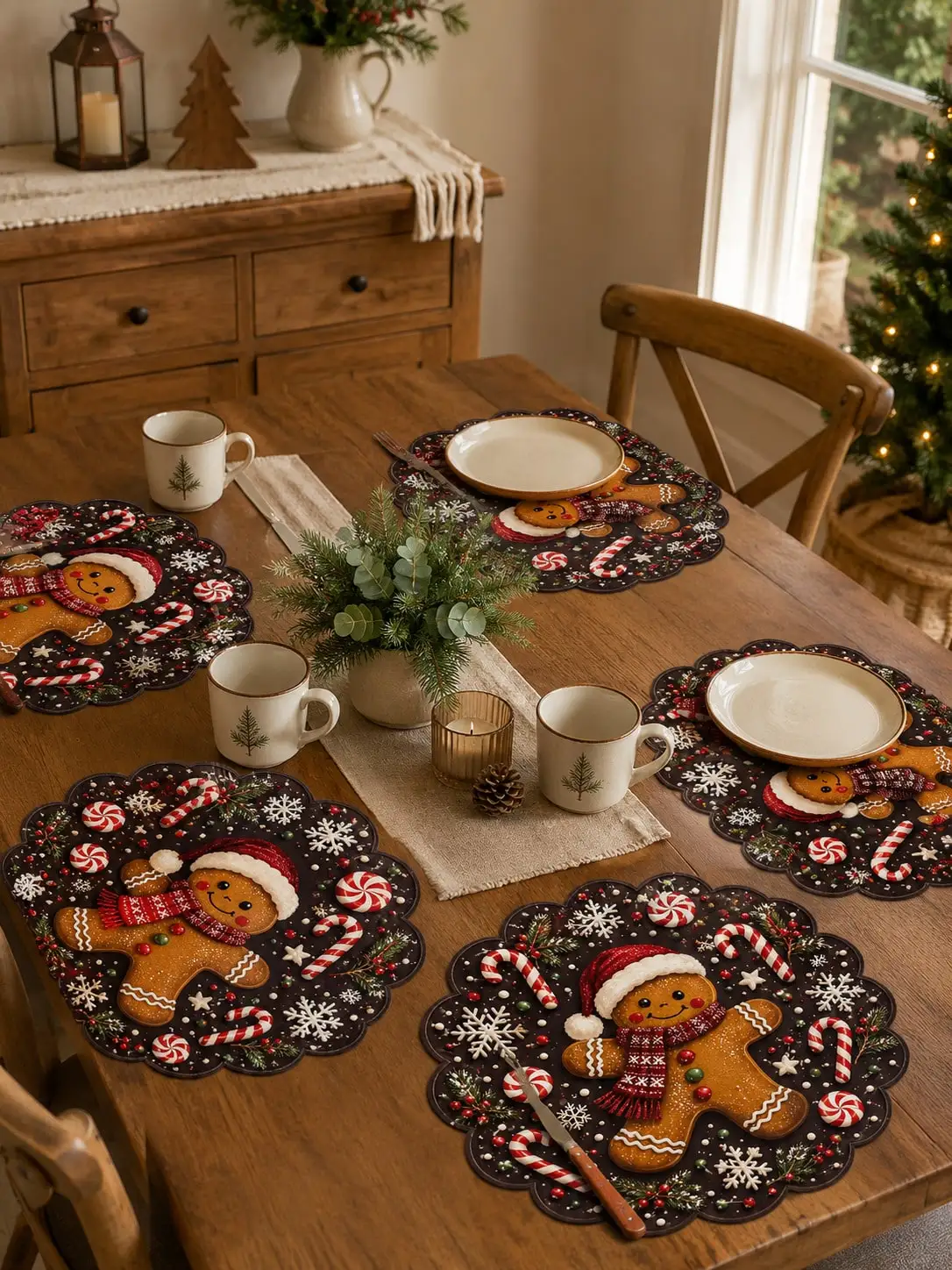 Red Poinsettia Christmas Placemat, White Christmas Flower, Holly Leaf, Berry And Gold Bell Wreath Print Table Mat, Suitable For Christmas Dinner, Family Gathering, Table Setting And Holiday Home Decor