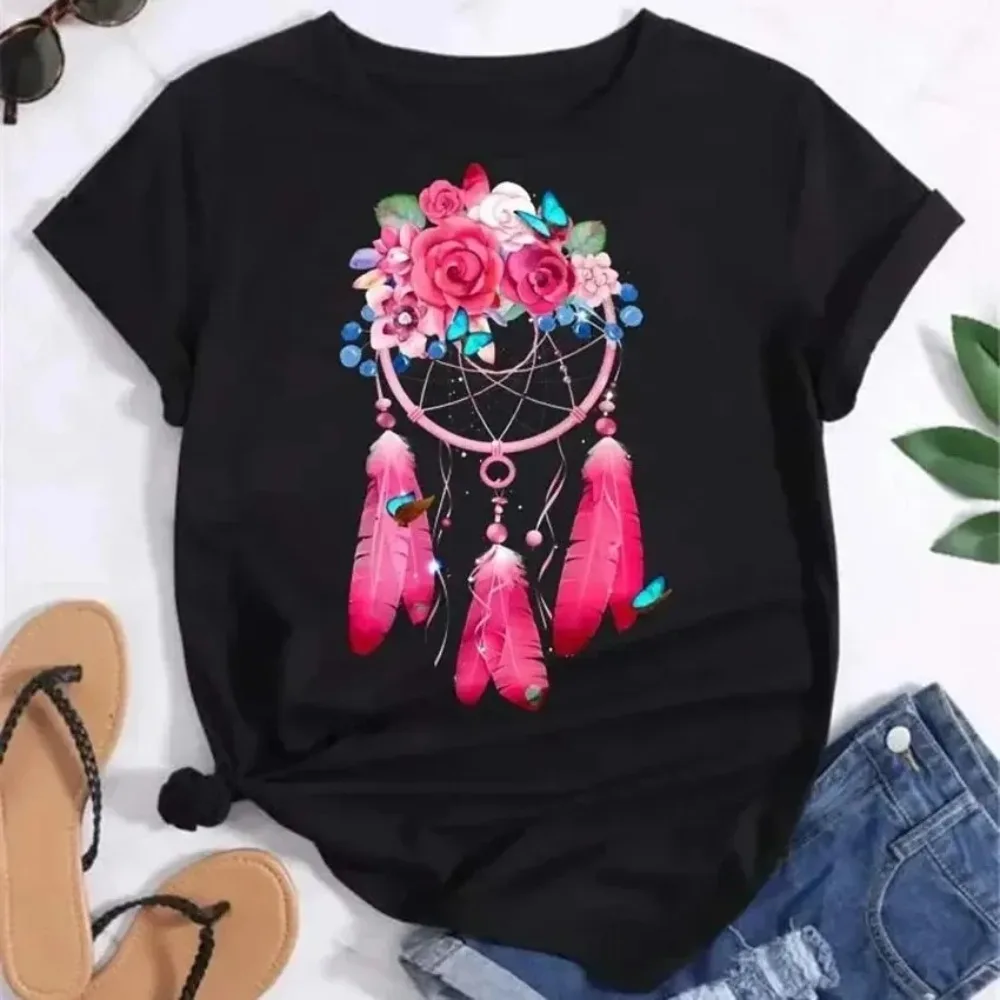 

3D Dreamcatcher Flower Printed T-shirt Women's Fashion T-shirt Harajuku Pattern T-shirt