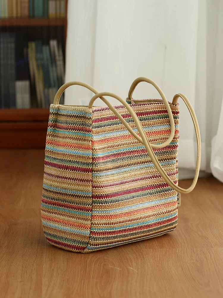 

Summer Rainbow St Woven Canvas oulder Bag Commuter Bag Soft Handle Casual Simple Sle Women's Bag with Inner Zipper