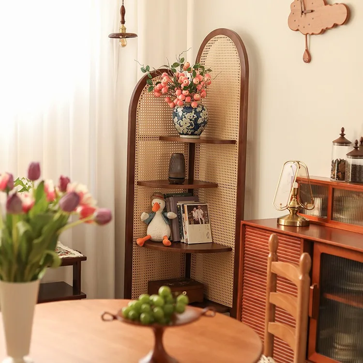 Retro entrance corner cabinet, bedside sofa, back cabinet, medieval triangular log bookshelf, rattan corner shelf