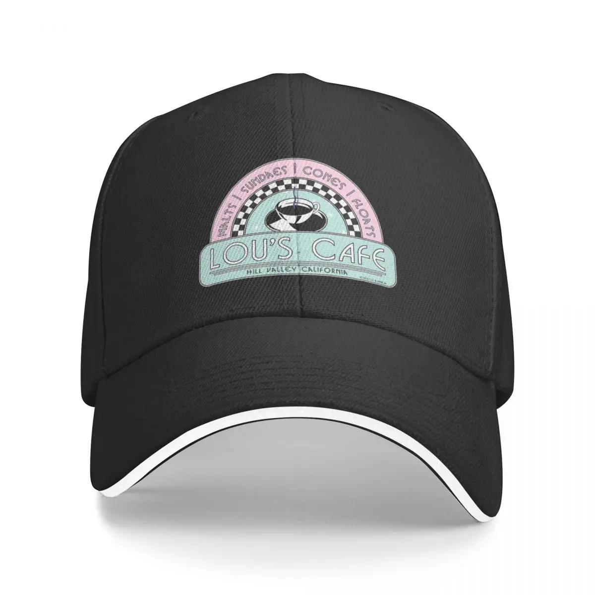 

Lou's Café, Hill Valley. On White. Back To The Future Movie Baseball Cap Golf Hat Man custom Hat Women Caps Men's