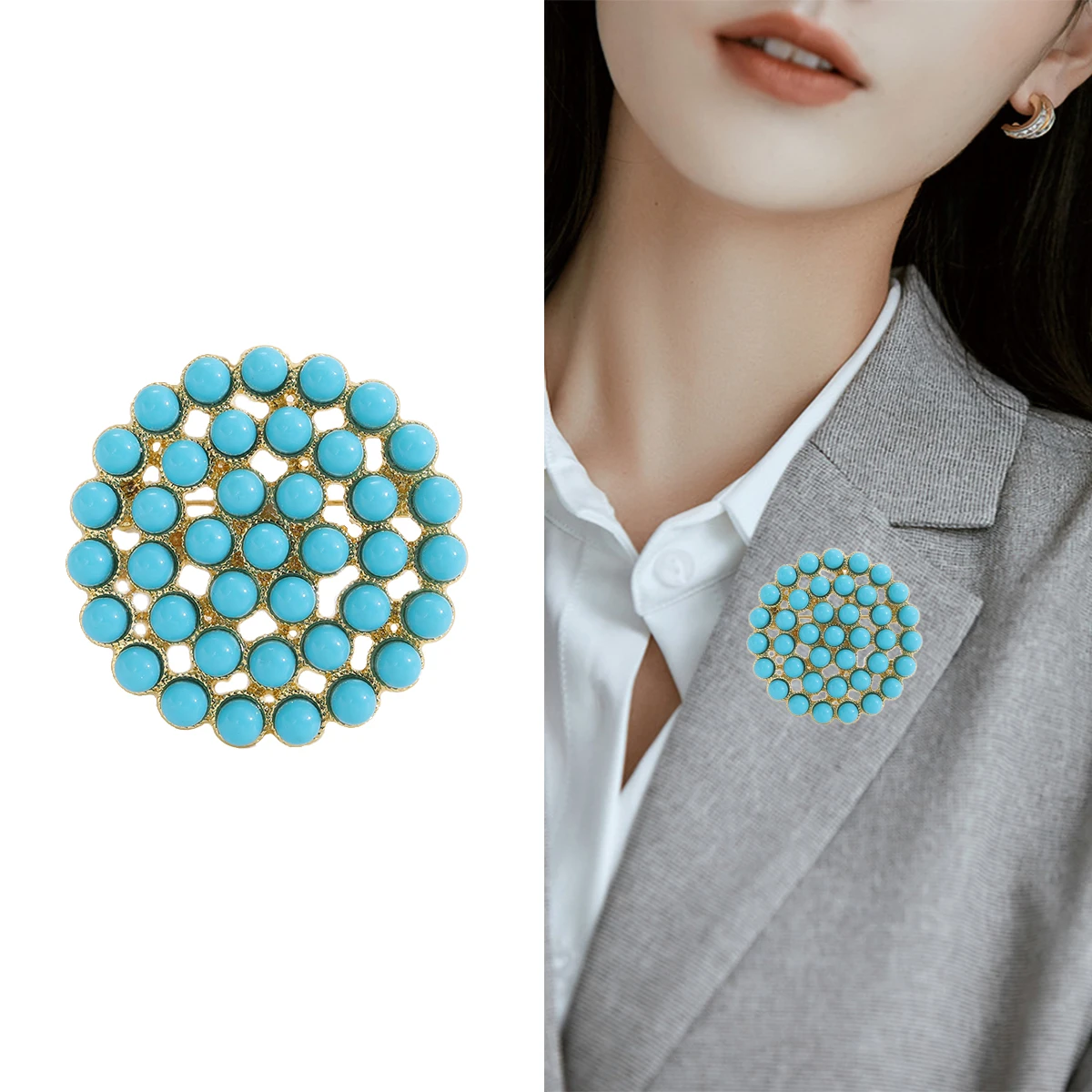 Turquoise Flower Brooch for Women UnisexTibetan Style Turkish Blue Badge Pins Banquet Party Backpack Gifts Jewelry Accessories