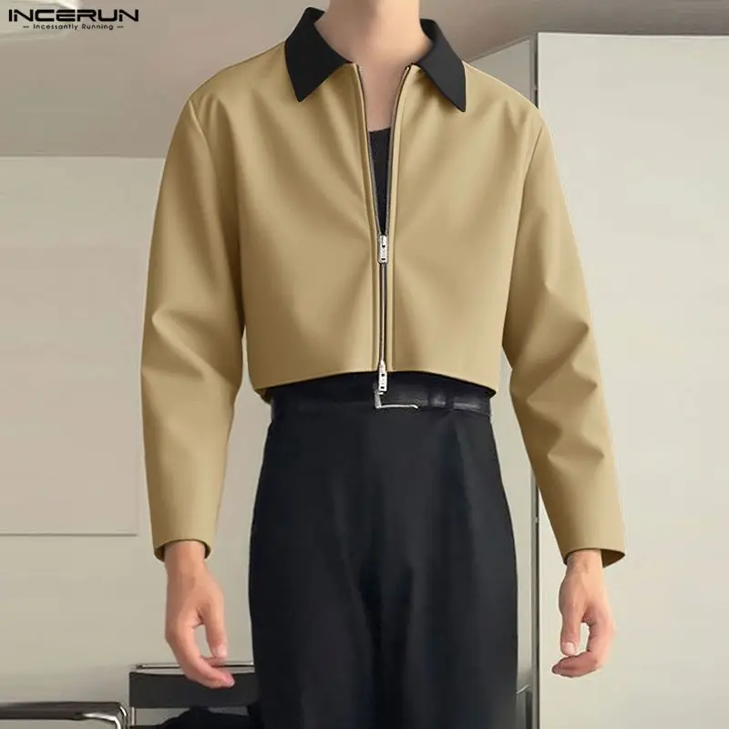 

INCERUN Men Jackets Patchwork Lapel Long Sleeve Zipper Casual Crop Coats Streetwear Loose Fashion Thin Outerwear Male Jackets
