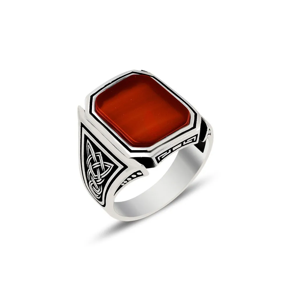 Silver Handmade Agate Stone Ring, Embroidered Men's Ring, Ottoman Jewelry, Made of 925 Sterling Silver