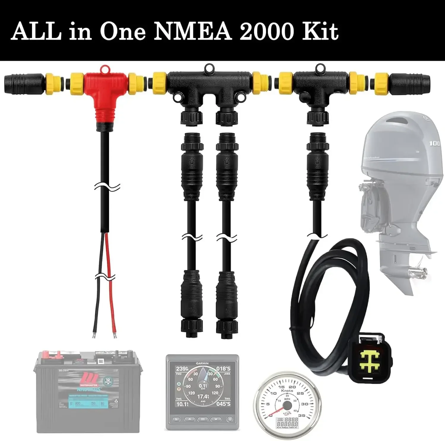 Engine Interface Cable for Yamaha Outboard Engine 2006-2023 Bundle, Dual Tees Kits Terminators Marine NMEA 2000 Starter Kit