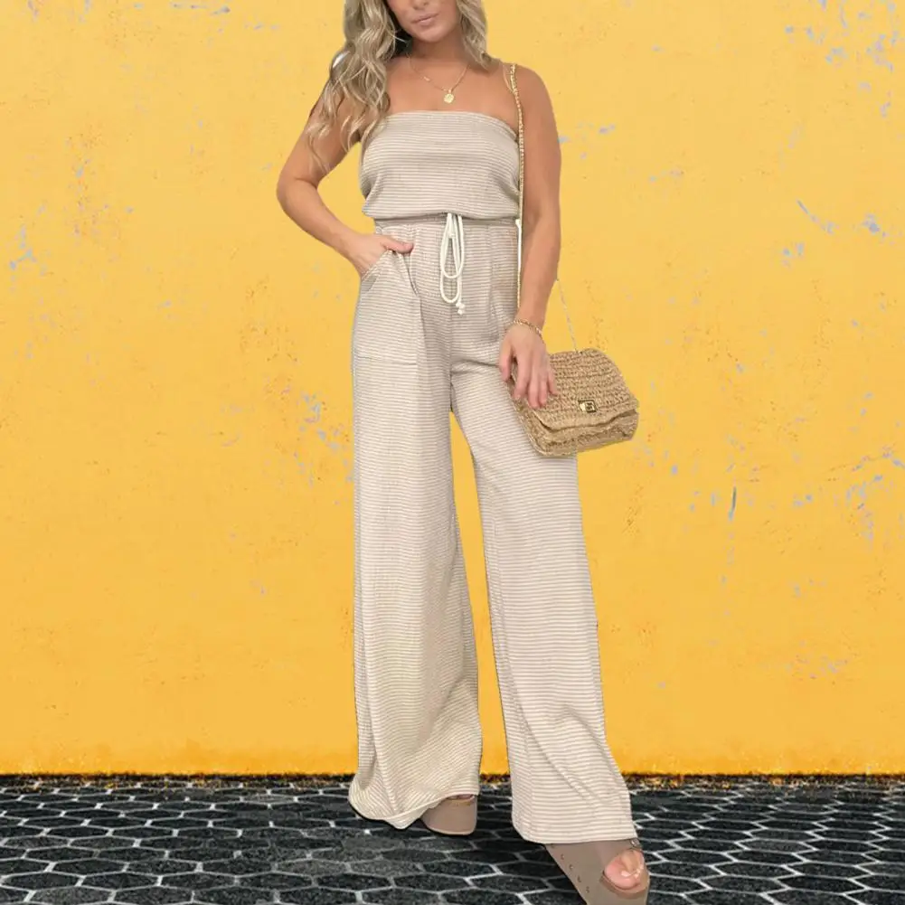 

Tube Top Jumpsuit Stylish Striped Print Women's Jumpsuit with Off-shoulder Design Side Pockets Drawstring Waist for Summer
