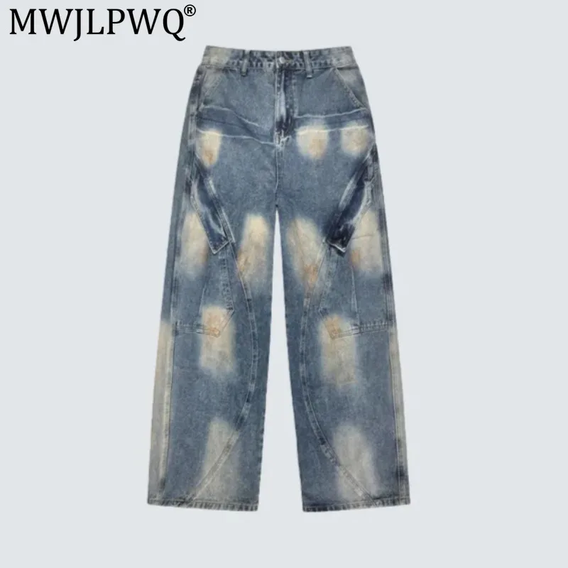 MWJLPWQ Tie Dye Spray Painted Casual Jeans Men's American Style Patchwork Washed Wide Leg Pants 2026 Autumn New Tide 17806