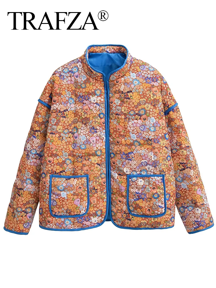 トラフザ-女性の花柄のパッド入りコート,ヴィンテージ,長袖,ルーズ,コットンジャケット,シックで暖かいストリートウェア,ハイファッション,2024