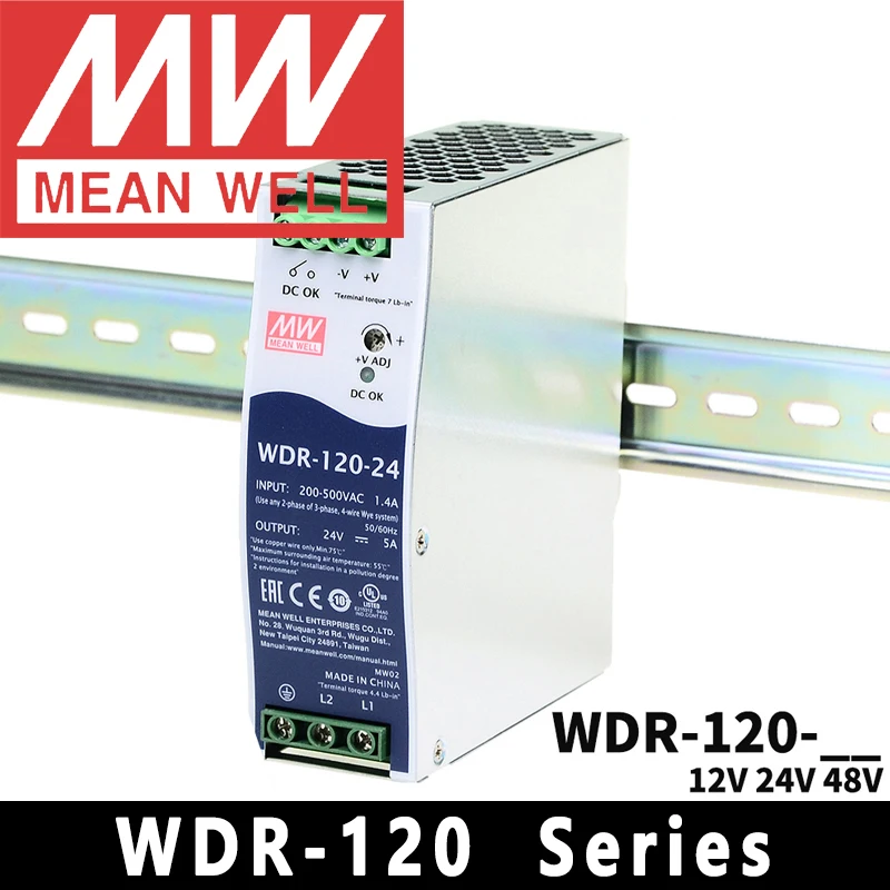 

Блок питания Mean Well WDR-120-12/24/48 AC/DC 12В/24В/48В 120Вт, одноканальный, промышленный, для монтажа на DIN-рейку