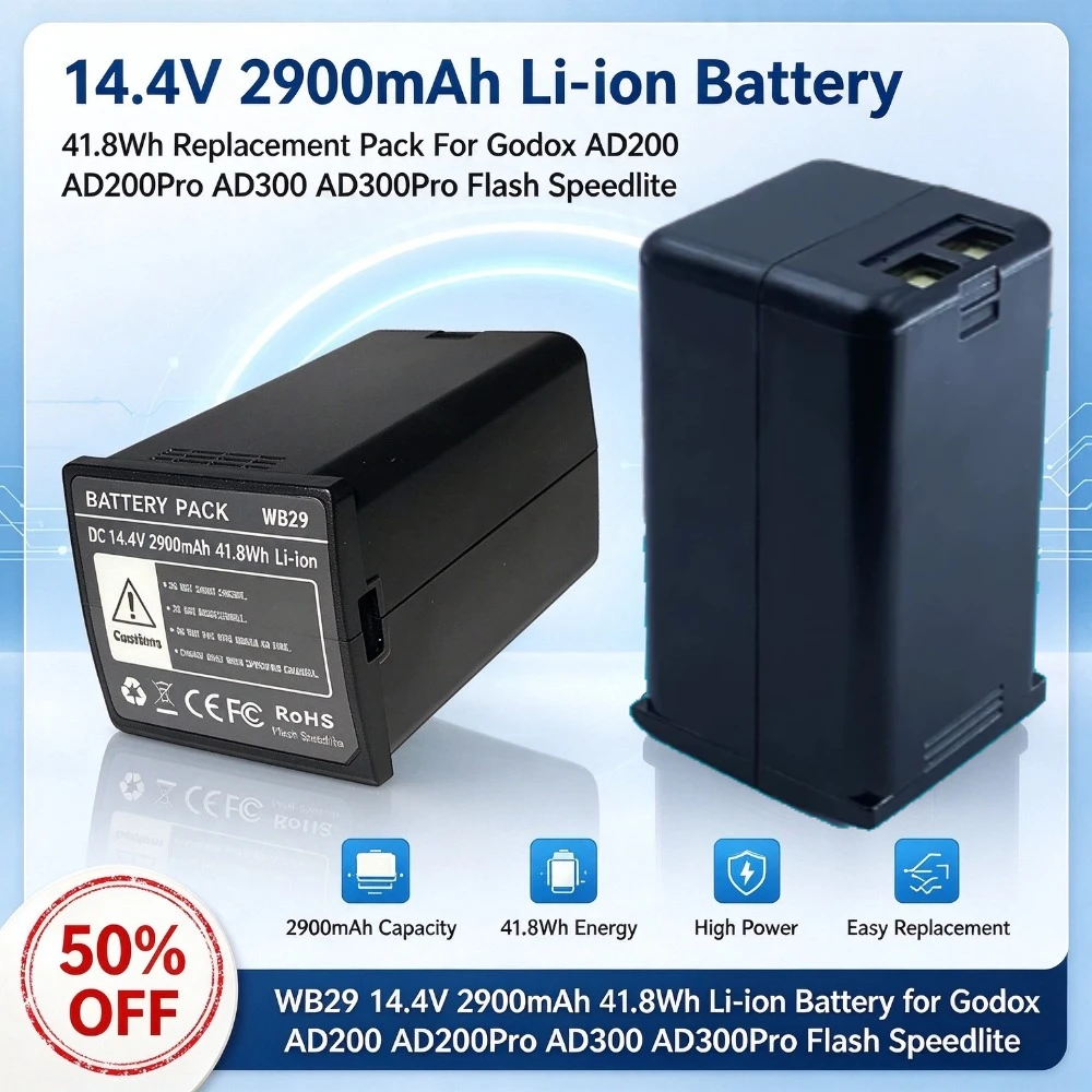 WB29 14.4V 2900mAh 41.8Wh Li-ion Studio Flash Replacement Battery for Godox AD200 AD200Pro AD300 AD300Pro Flash Speedlite