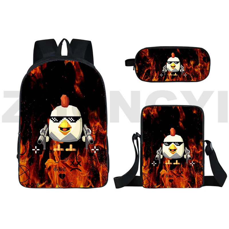 3 in 1 Anime Chicken Gun Backpacks Preppy Style Cartoon Bookbag Chicken Gun Big School Bags for Girls Boys Crossbody Pencil Case