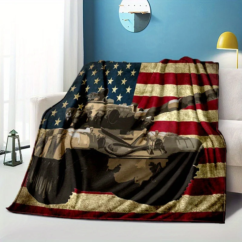 Heavy tank with the American flag Flannel printed blanket suitable for all seasons suitable for living room office sofa travel