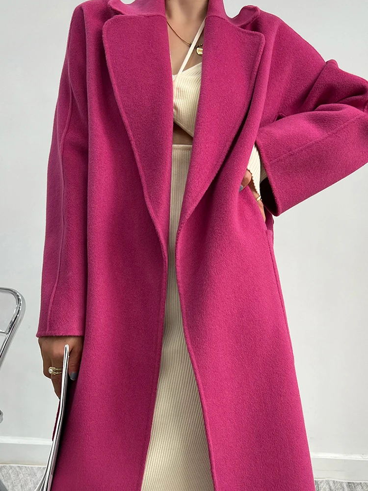 LANMREM Women Wool Coats Lapel Long Solid Color Belt Woolen Coats High Street Female Luxury Clothing 2023 Winter New 2DA1901