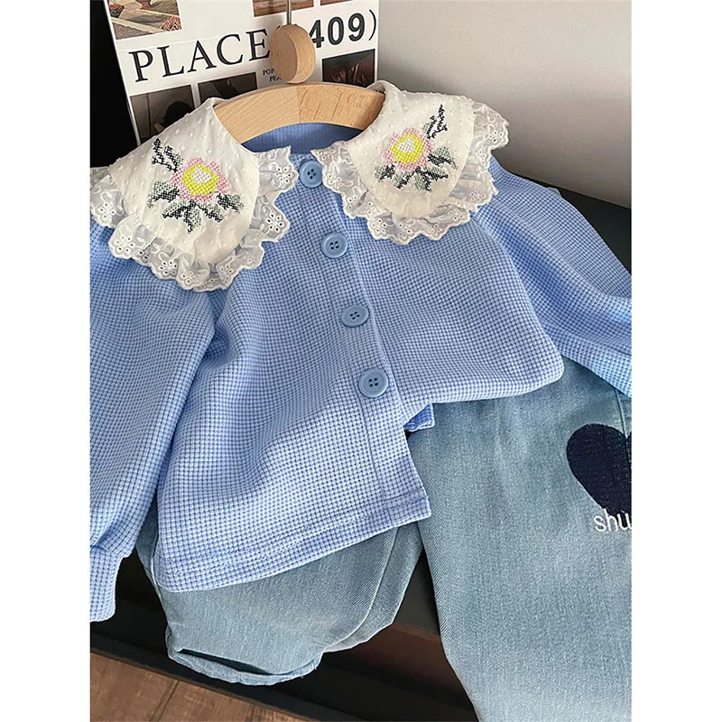 Children's Flower Embroidery Fashion Lapel Cardigan Coat Girls Pure Cotton Texture Casual Loose Jeans 2024 Spring New Cute Set