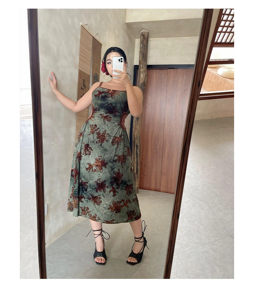 Large Size Spring New Sexy French Street Print Suspender Dress Temperament Girls High Waist A-line Sleeveless Cheongsam Dresses