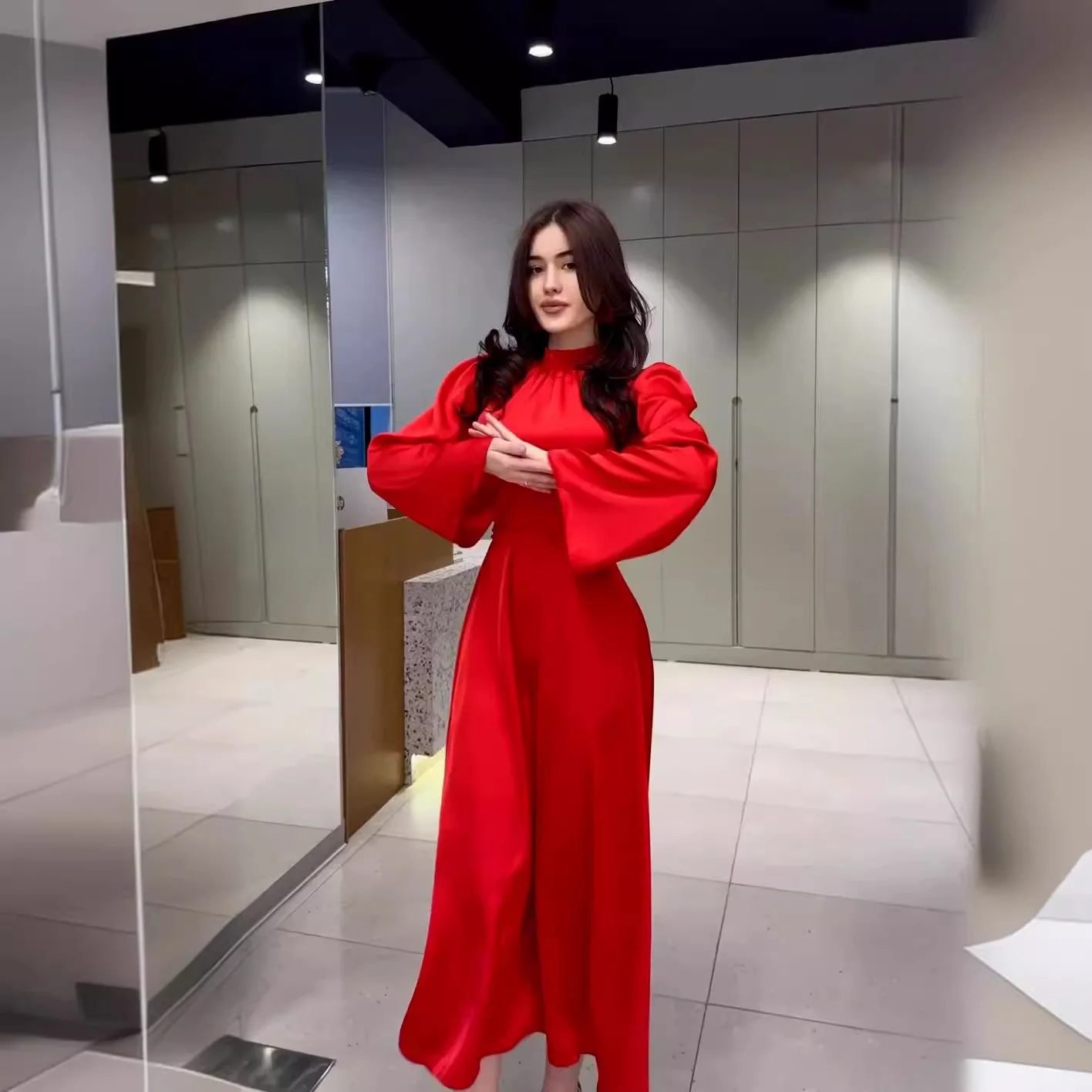 

Seasonal New Fashion Solid Color Long sleeved Half High Neck Waistband Slim Fit Satin Red Dress Long Dress