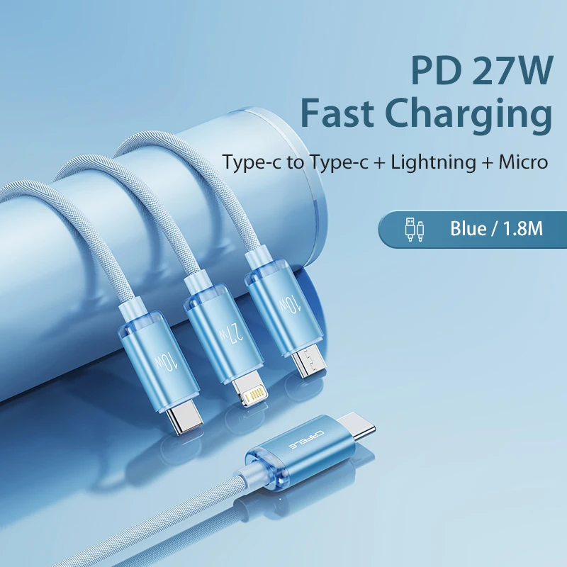 

CAFELE PD Charger Cable for iPhone 16 15 14 13 27W 5A USB C to Lightning 3 in1 Multi Fast Charging Cord Type C Micro Port