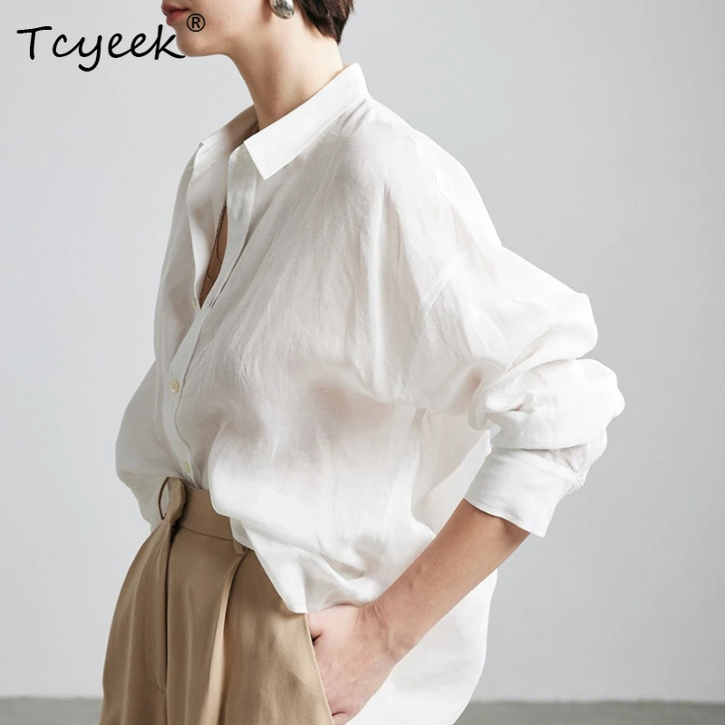 

Tcyeek, Женские свободные рубашки, 100% рами, с отложным воротником, однотонные элегантные блузки, уютный топ Весна-Лето 2025, фиолетовый, белый