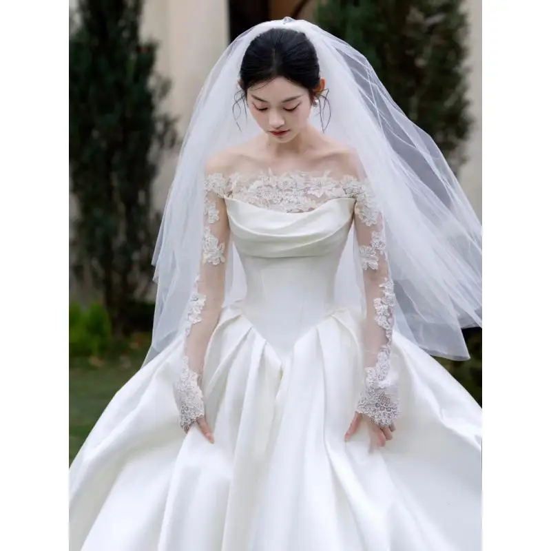 Customizable Classic Luxury Boat Neck Off Shoulder Full Long Lace Sleeve Embroidery Lace Appliques Back Loor-Length Bridal Gowns
