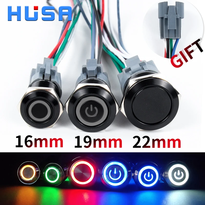 12/16/19/22mm Blackshell With Wire Push Button Switch Metal Waterproof Latching Momentary LED Light Car Engine Power Switch HUSA