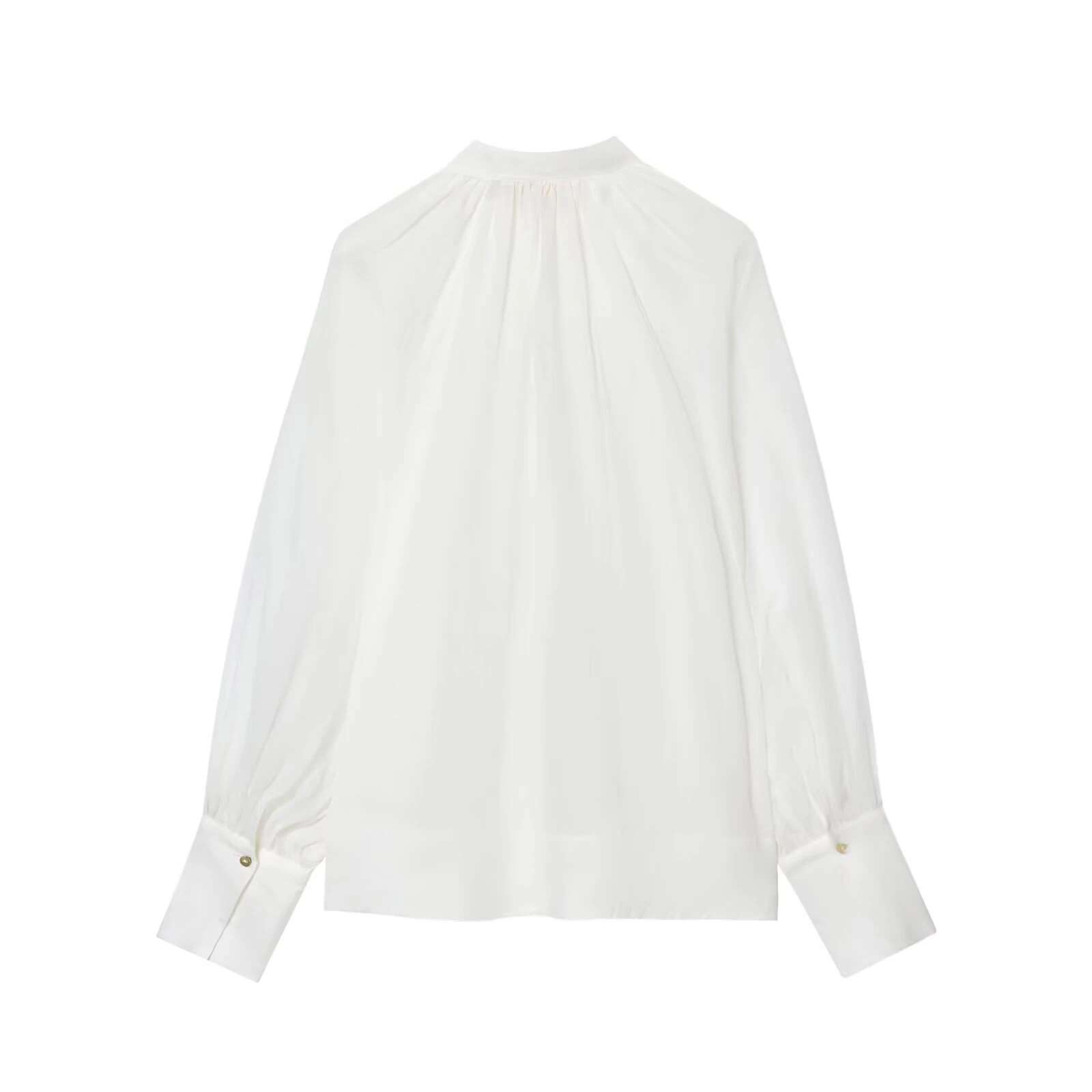 Winter new women's French style solid color linen French stand collar striped lantern long sleeved shirt top