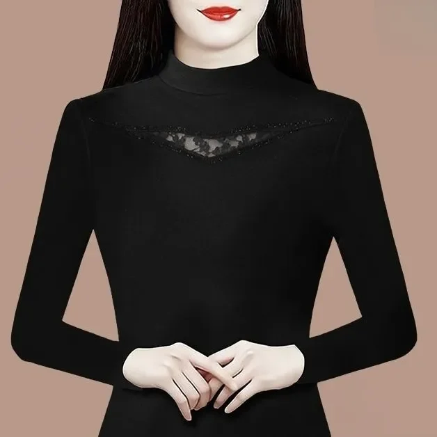 بلوزة نسائية أنيقة مع دانتيل بتفاصيل الياقة المدورة وأكمام طويلة بقصة ضيقة لملابس الربيع والخريف #3