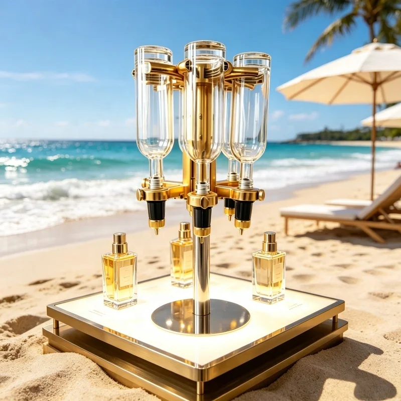 Space Saving Rotating Perfume Fill Rack with 6 Integrated Dispensing Pumps Ideal for Boutique and Bar Retailers