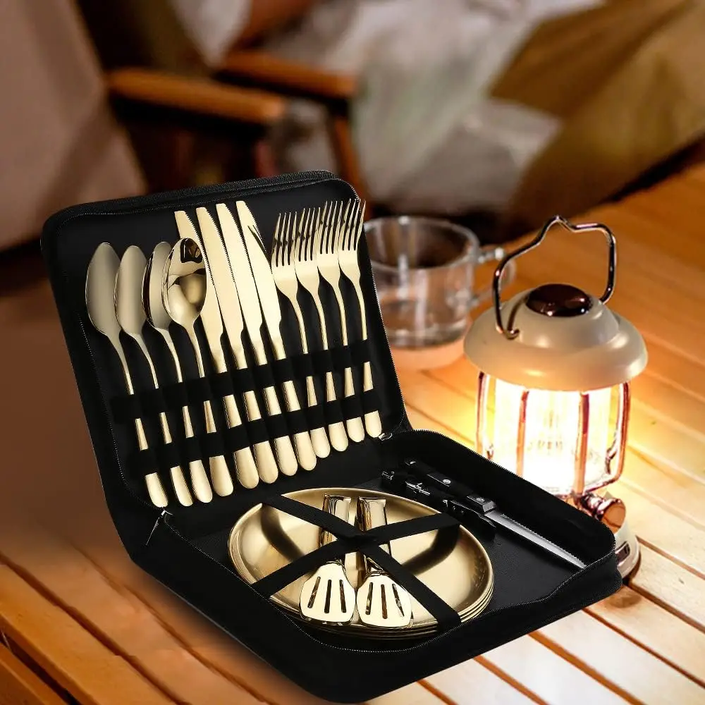 Picnic cutlery gold camping set 4-piece portable plate Fork spoon knife bottle opener food tongs complete set with zipper bag