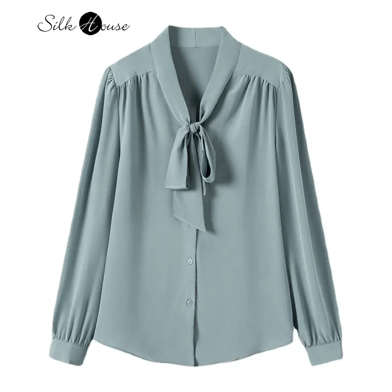 

2023 Women's Fashion Autumn New 100%Natural Mulberry Silk Mid Length Ribbon Shirt Bow Style Solid Color Long Sleeved Shirt