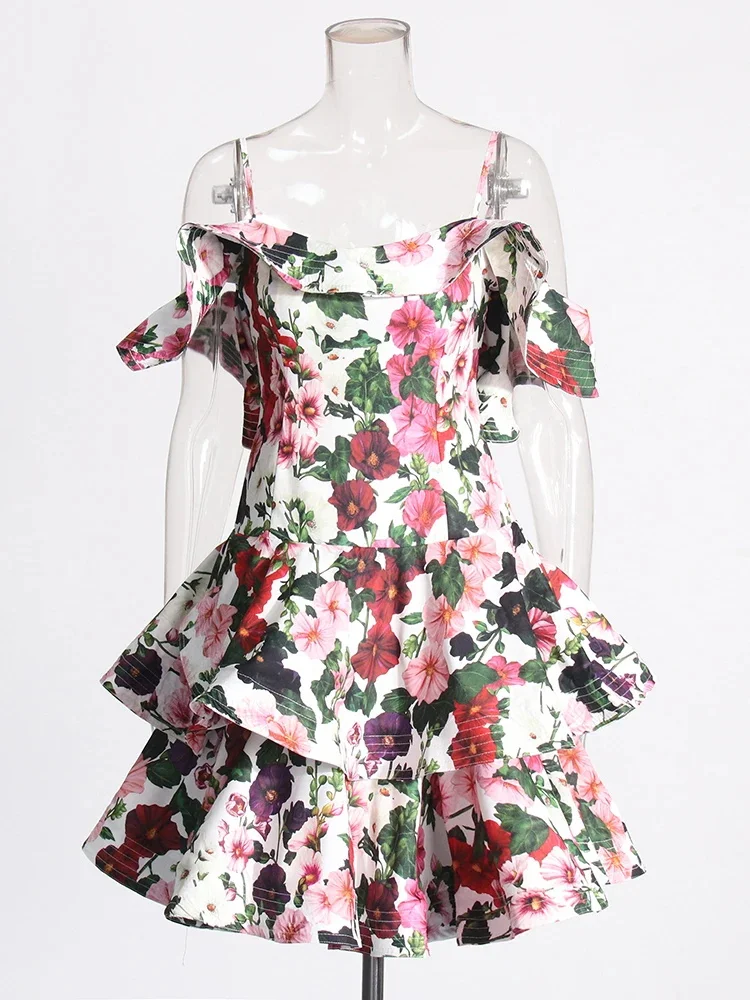 ดอกไม้พิมพ์ชุดมินิสําหรับเจ้าของ Camisole Patchwork Ruffles แขนสั้น Slim High เอว Ruched หวานหญิง