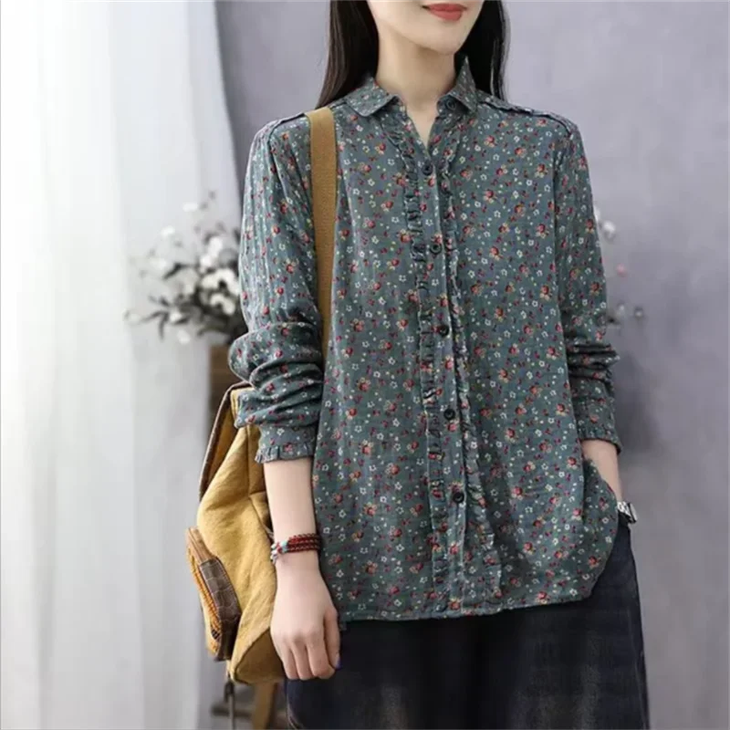 

Retro Printed Shirt For Women Blouse Fungus Edge Cardigan Shirt Cotton Long Sleeved Single Breasted Top OL Button Female Blous