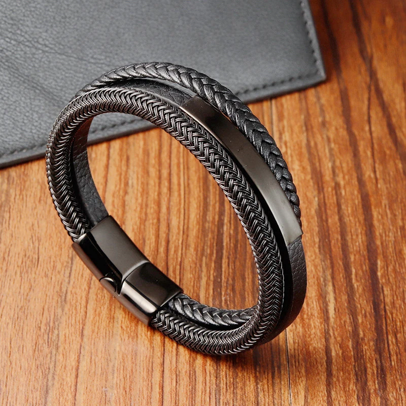 Gioielli semi-alta qualità Bracciale in acciaio inossidabile Braccialetti a catena intrecciata minimalista in vera pelle per uomo Nero