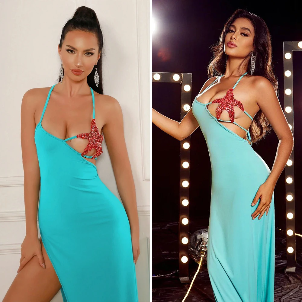 섹시한 백리스 밴디지 롱 드레스 우아한 럭셔리 이브닝 드레스 휴가 여름 드레스 패션 파티 여성 의류