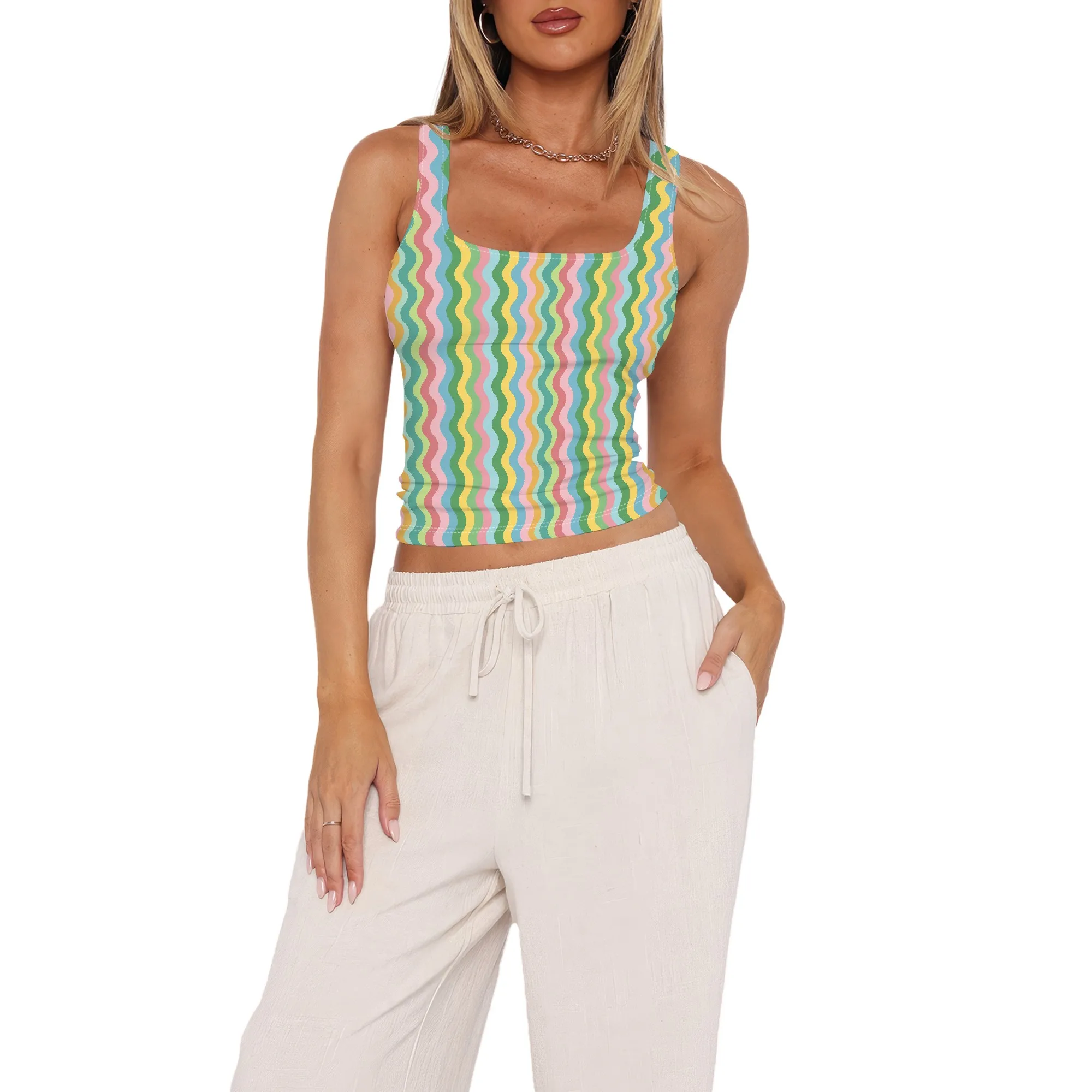 Canotta da donna senza maniche con scollo quadrato Top corto basic a doppio strato Top casual da allenamento fitness estivo