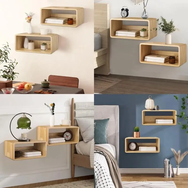 Wooden Wall Mounted Bedside Table Simple Style Floating Nightstand for Bedroom Bathroom Storage Rack Side Shelf Furniture