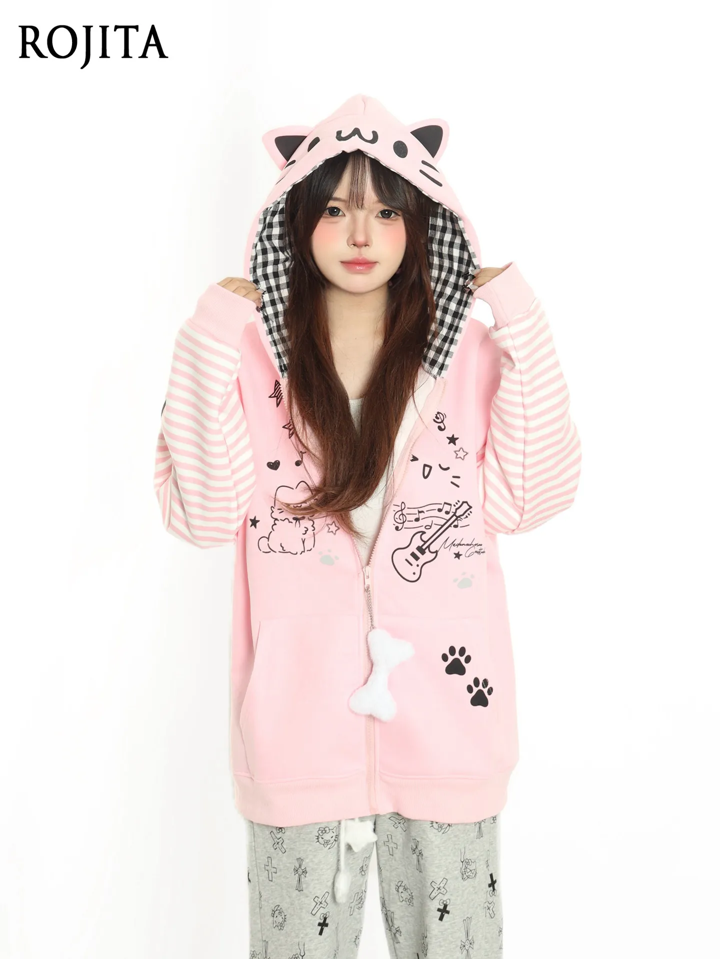 

Оригинальная женская куртка с капюшоном в японском стиле в полоску с милым котом, свободный кардиган в студенческом стиле, толстовка