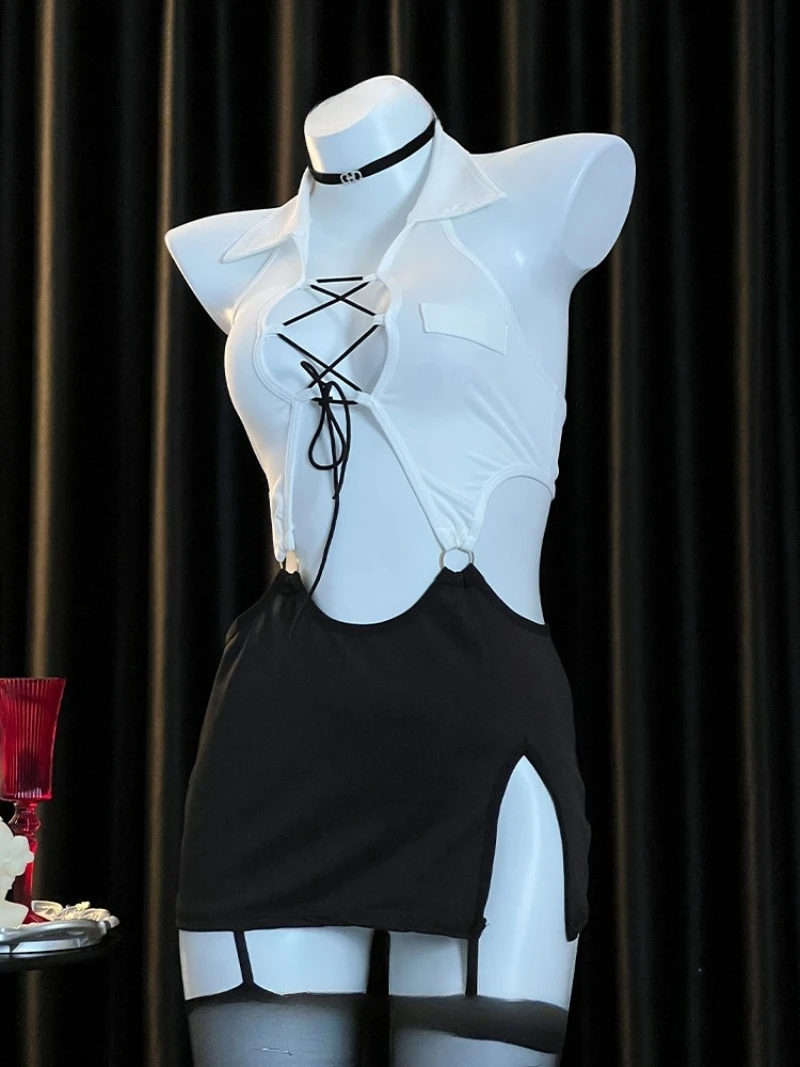 Office Secretary Style Bodycon Dress for Women,Sexy Lace-up Cutout Uniform,Pure Desire Temptation Outfit,Romantic OL Roleplay