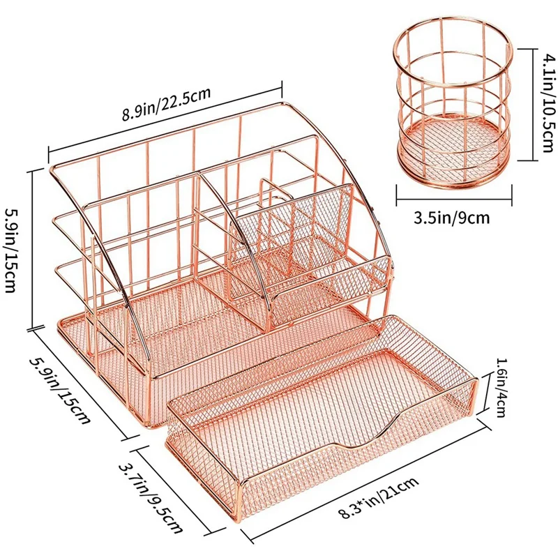 Rack de armazenamento de mesa em ouro rosado, malha de metal multiuso, rack de armazenamento de papelaria com suporte de caneta de metal para escritório