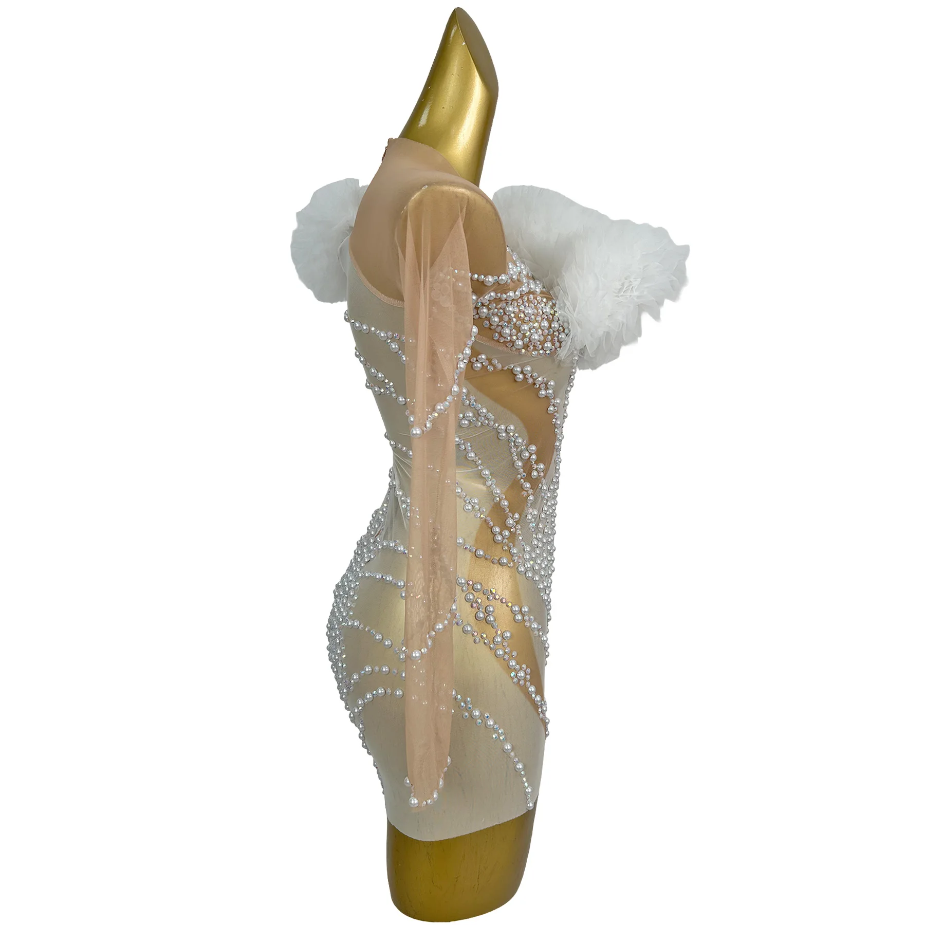 

Элегантное белое мини-платье с перьями, жемчугом и стразами для женщин, с прозрачными сетчатыми длинными рукавами, для клубных вечеринок, сценических выступлений, облегающее.