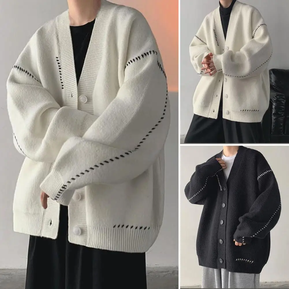 Winter Sweater Coat Solid Single-breasted Long Sleeves Cardigan Knit Keep Warm Outwear V Neck Elastic Loose Men Sweater Coat