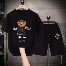 2023 New Summer Tshirt Set Men Funny Bear Print Cotton Tracksuit Outfits Man Sportswear Hip Hop Streetswear Trend 2 Piece Sets