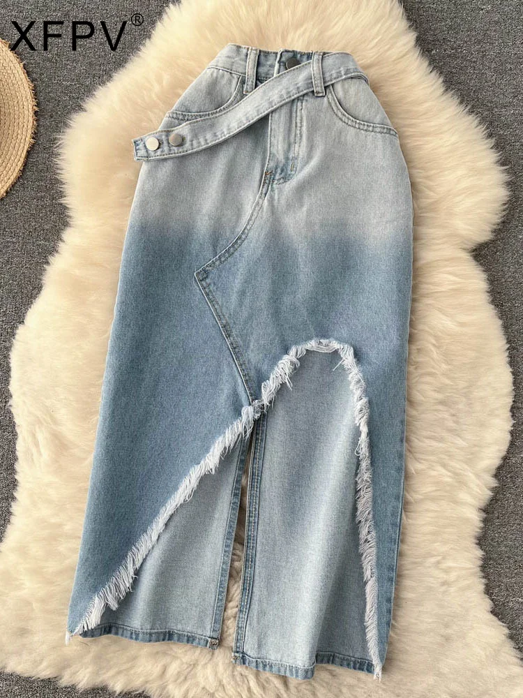 XFPV 2023 New Autumn Summer Retro Burrs Design Gradient Irregular Denim Skirt Women High Waist Mid-calf Faldas Streetwear SM1852