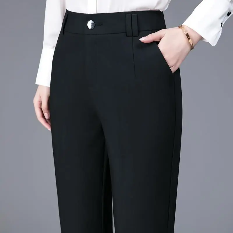 Summer Thin for Women Button Patchwork Pockets Straight Long Trousers Office Lady Solid Color Higt Waist Nine Points Suit Pants