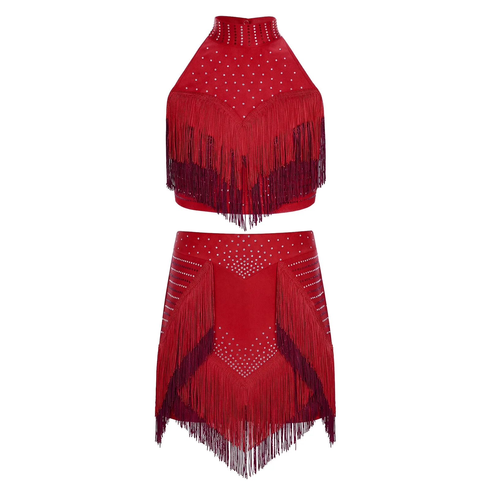 

Kids Girls Latin Salsa Tango Dance Costume Sleeveless Backless Rhinestone Fringe Crop Top with Skirt Set Lyrical Dance Clothing