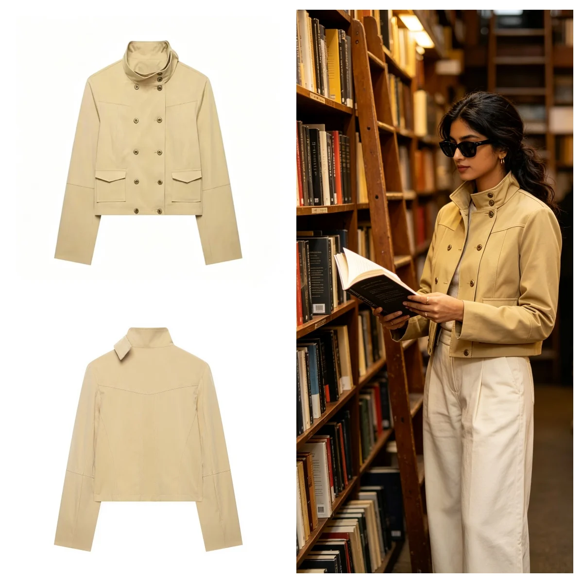 Guobioziy 2026 Women's Jacket Autumn New Arrival Pocket‑Decor Stand Collar Double Breasted Cropped