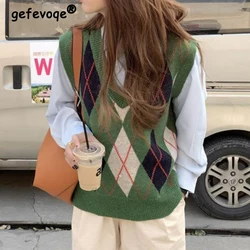 Nieuwe Dames Vintage Classic Argyle Harajuku Streetwear Outewear Gebreide Trui Vest Y 2K Trendy Casual V-Hals Mouwloos Vest